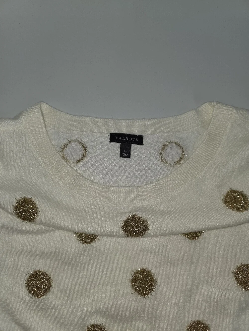 Talbot's Women's Cream Crewneck Sweater with Gold Tinsel Pom-Pom Dots